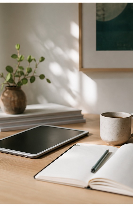 A notebook and cup on a calm desk