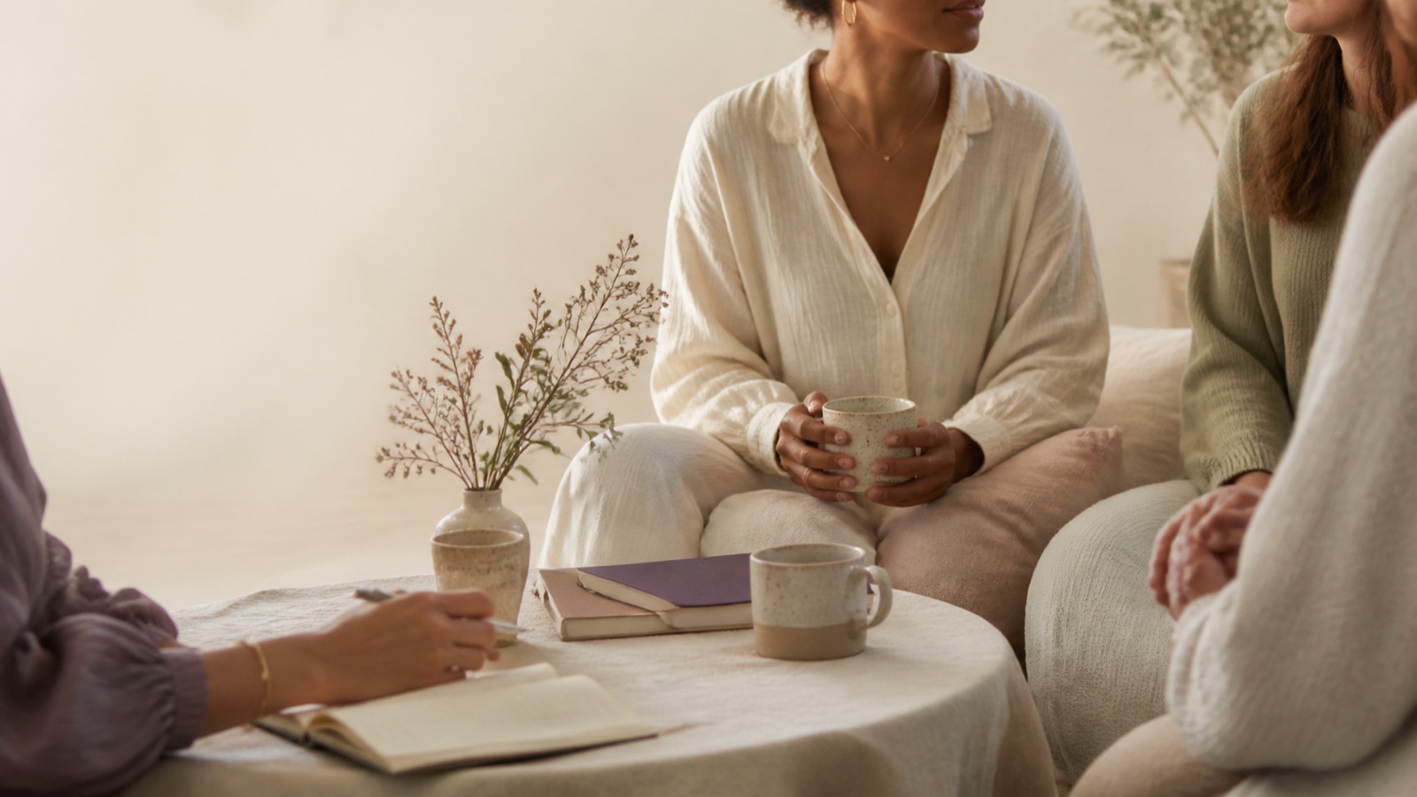 Three women in conversation over tea, a notebook open on the table