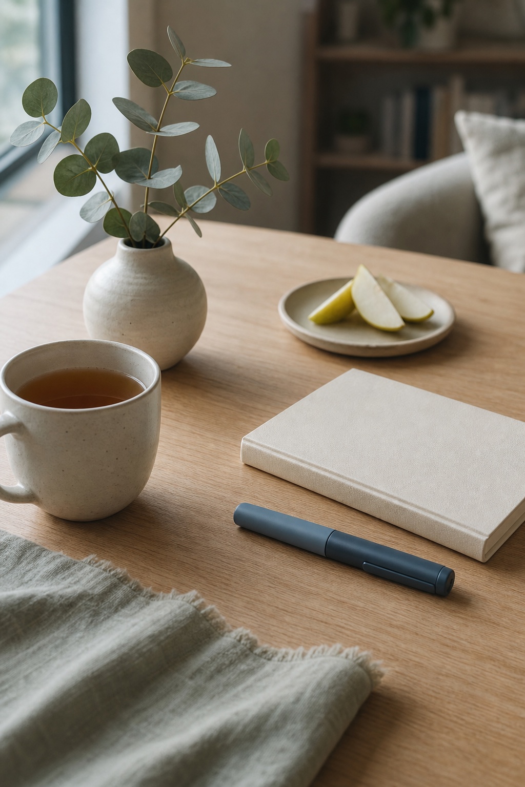 A journal, tea, sliced pear, and a capped medication pen in soft natural light