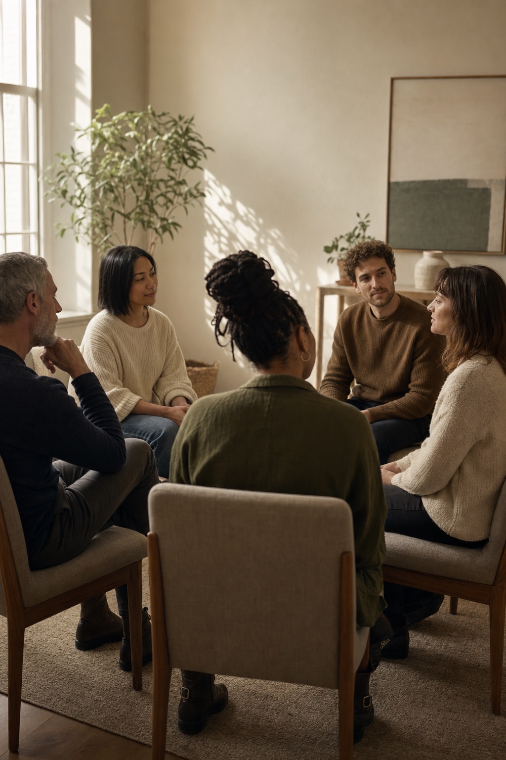 Five adults in conversation during a small group therapy session